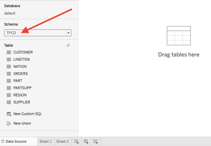 Выбор схемы в Tableau, показывающий таблицы базы данных TPCD, включая CUSTOMER, LINEITEM, NATION, ORDERS и др�угие